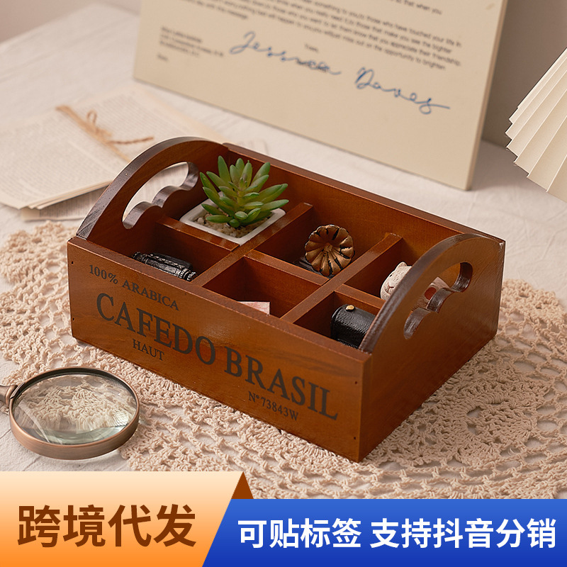 Storage - Zakka retro wooden portable six-grid storage