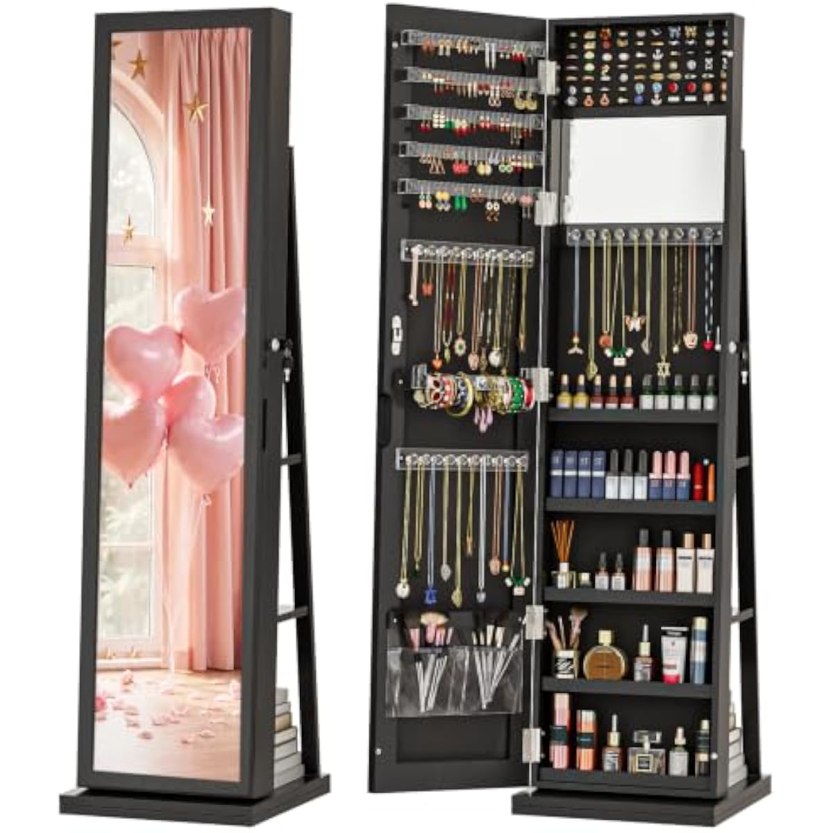 Full Length Mirror Jewelry Armoire - Elegant Black Standing Jewelry Armoire with