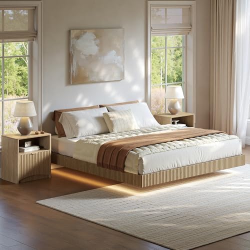 Bedroom Set, Queen Floating Be - Floating Nightstand With Led Light review and price