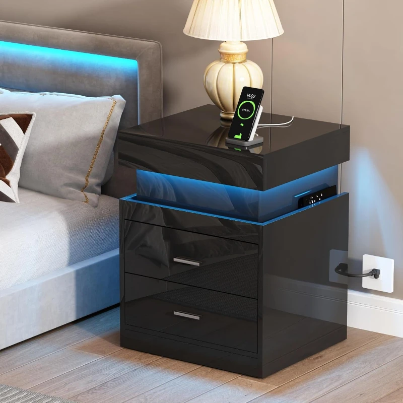LED Nightstand With Charging S - Solid Wood Nightstand 2 Drawers review and price