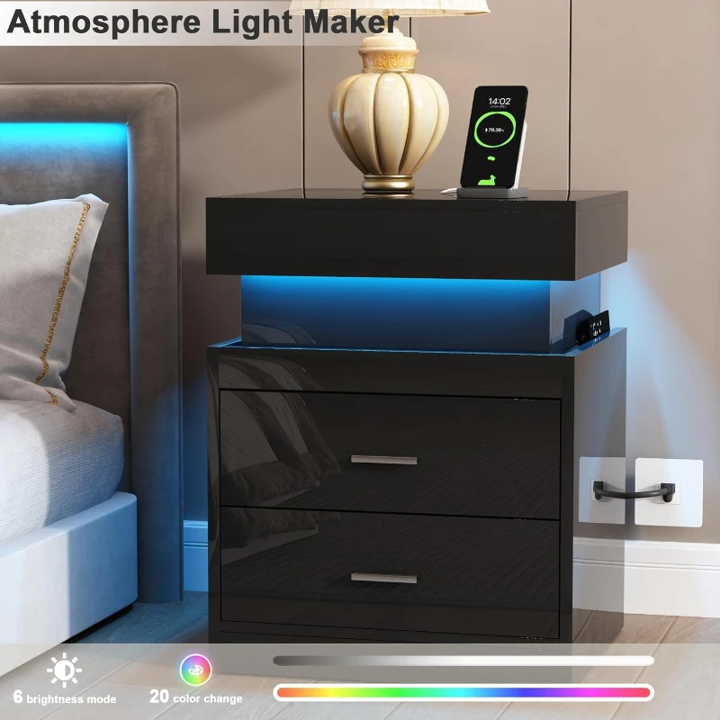 LED Nightstand With Charging S - Solid Wood Nightstand 2 Drawers review and price